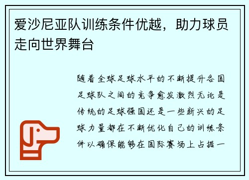 爱沙尼亚队训练条件优越，助力球员走向世界舞台