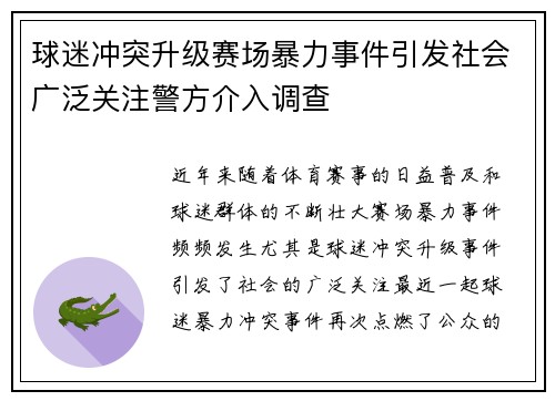 球迷冲突升级赛场暴力事件引发社会广泛关注警方介入调查