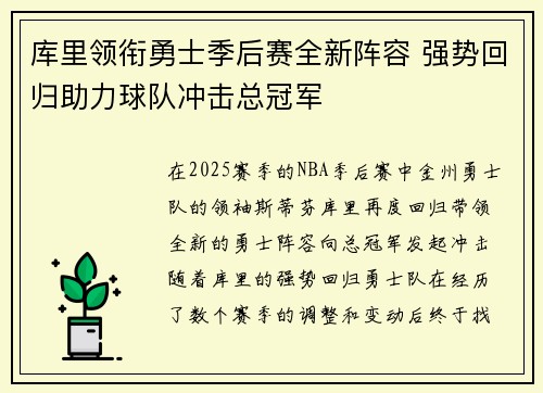 库里领衔勇士季后赛全新阵容 强势回归助力球队冲击总冠军